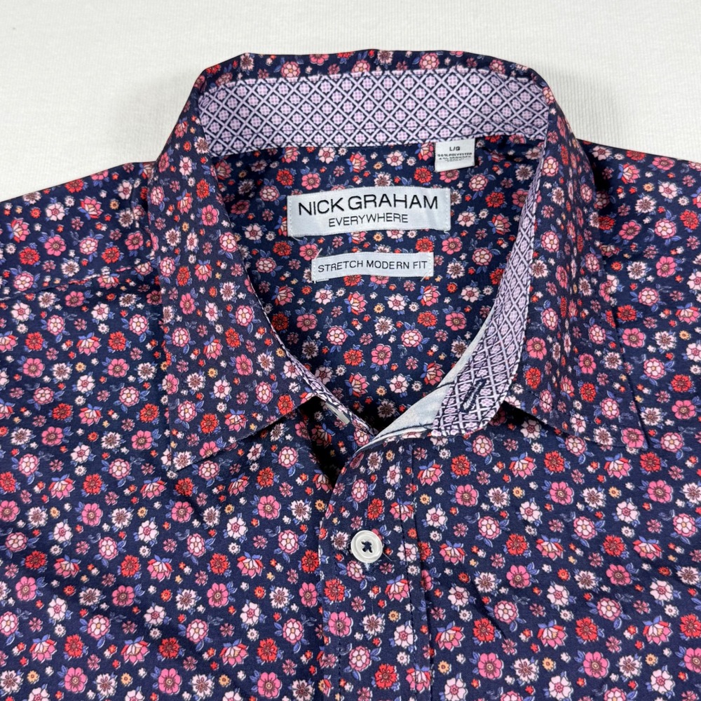 Nick‎ Graham Everywhere Shirt L Navy Blue Floral Stretch Modern Fit Short Sleeve